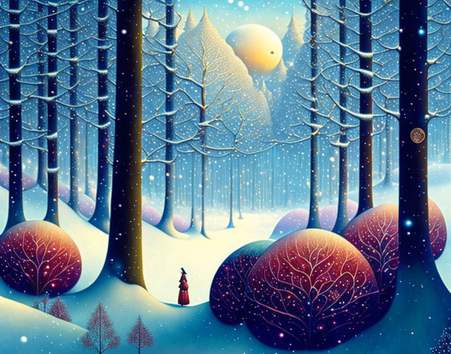 Colorful winter forest with person in red cloak and glowing moon