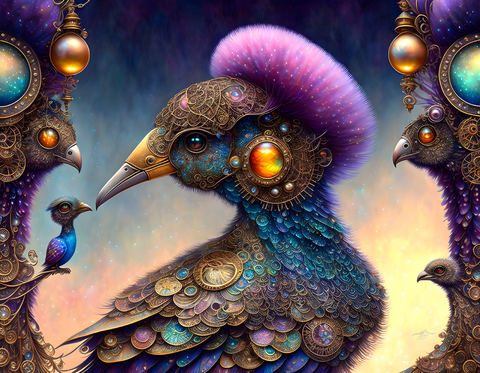 Colorful mechanical peacock with glowing orbs and intricate patterns in a starry setting