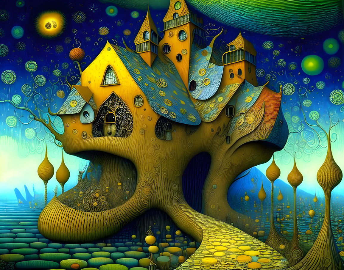 Vividly colored whimsical treehouse illustration with multiple towers and starry sky.