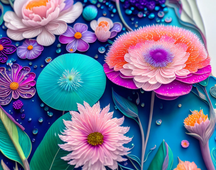 Colorful 3D flower art with water droplets on teal background