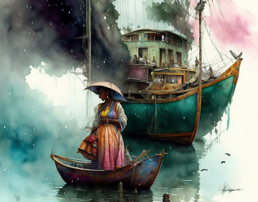 Woman in boat with umbrella, colorful boat in smoky sky