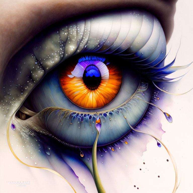 Detailed stylized human eye illustration with dramatic colors and intricate patterns.