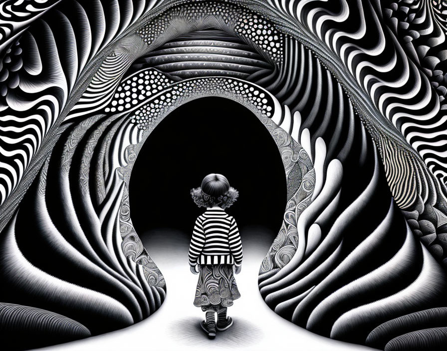 Child observing monochromatic tunnel with wave patterns and dotted textures