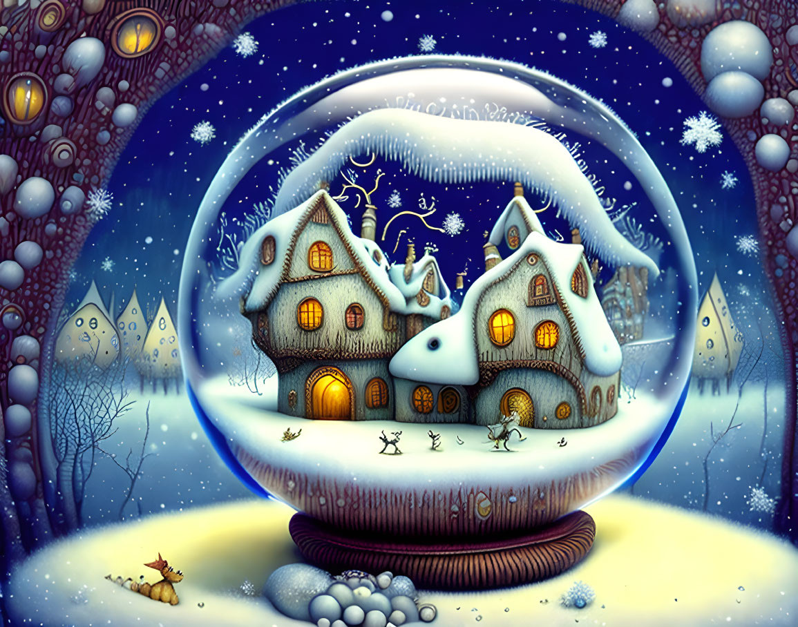 Snow-covered house in a snow globe with stars and snowfall