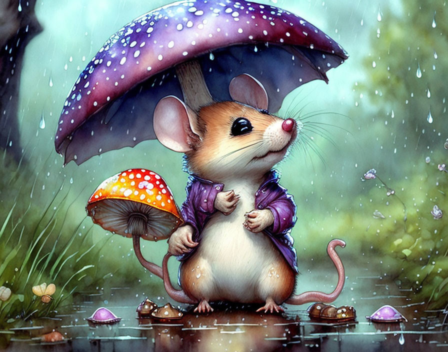 Illustrated mouse in purple coat with umbrella and mushroom in rain shower