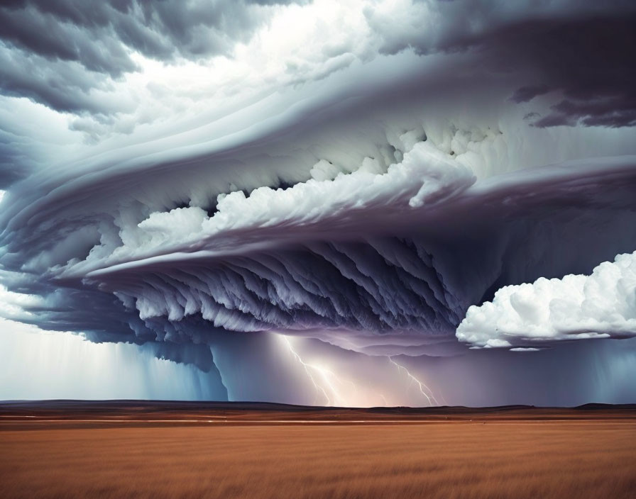 Ominous supercell thunderstorm over open field with lightning strikes