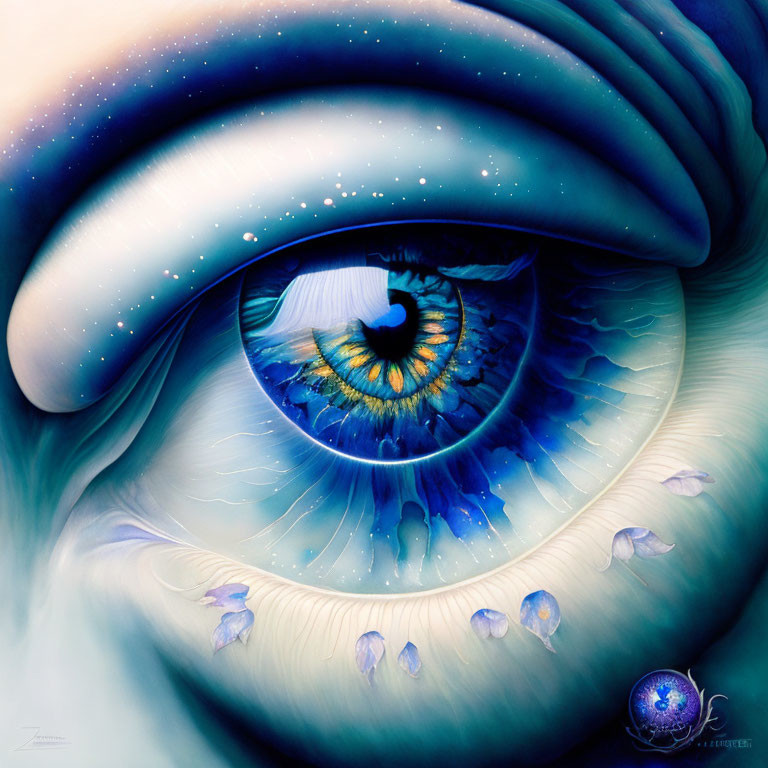 Detailed cosmic-themed eye artwork with blue tones and starry textures