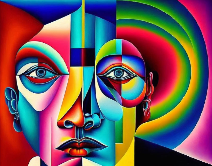 Vibrant Abstract Cubist Portrait with Multiple Faces and Eyes