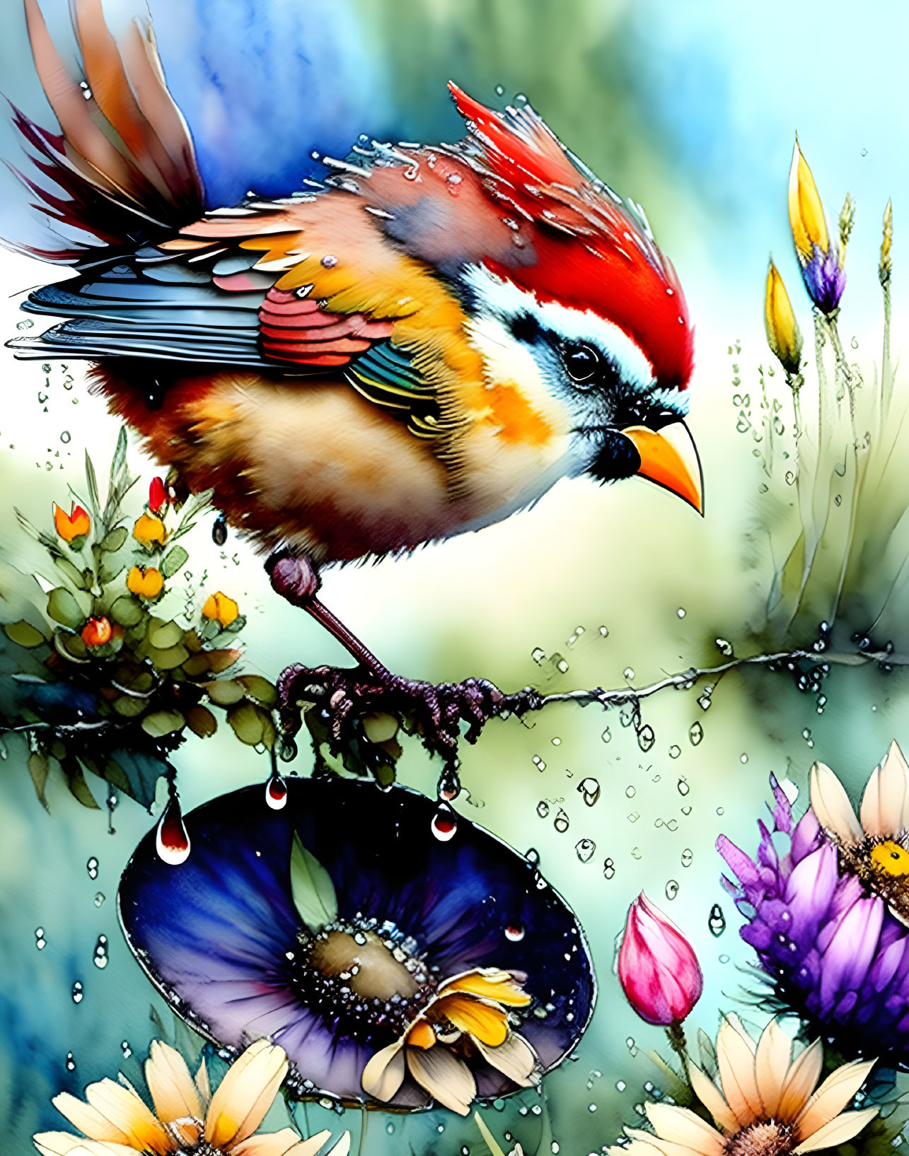 Colorful Bird Illustration Perched on Branch with Flowers