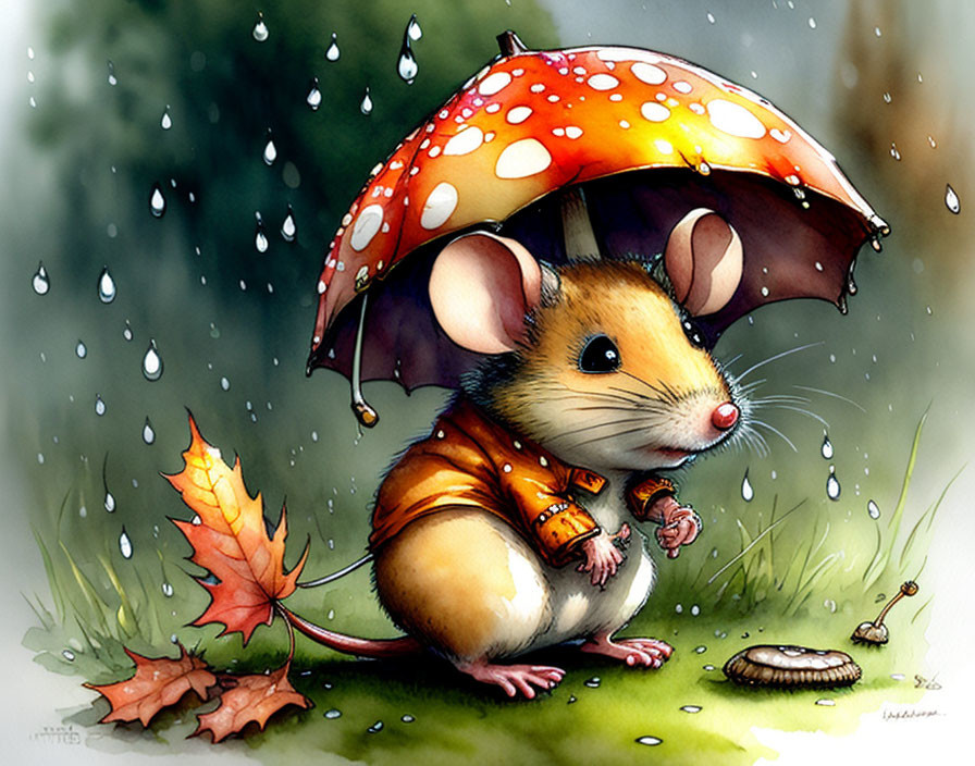 Illustrated mouse with scarf and mushroom umbrella in autumn setting