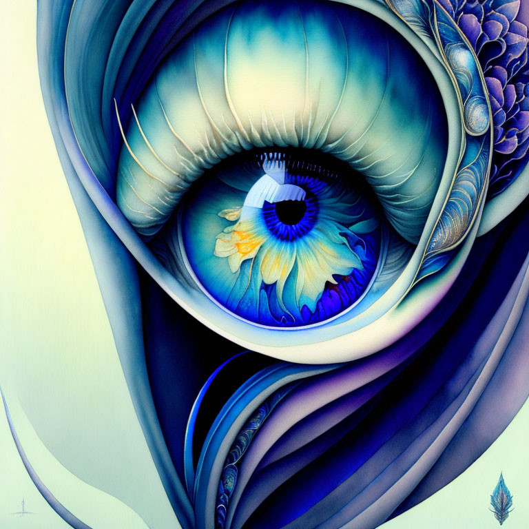 Detailed fantastical eye illustration with petal-like patterns.