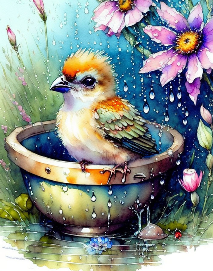 Colorful Bird on Metal Bowl Surrounded by Flowers and Raindrops