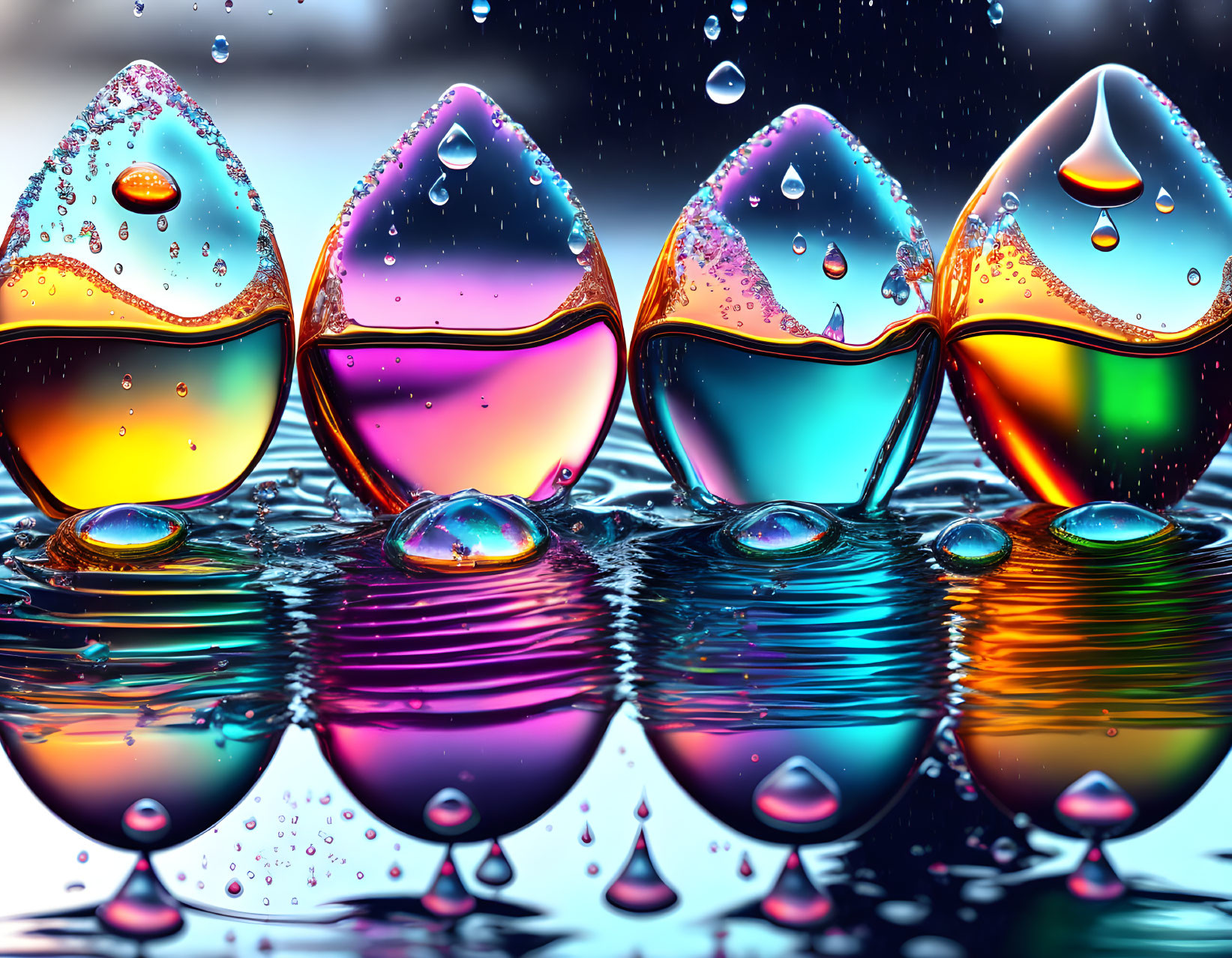 Colorful Rainbow Water Droplets on Reflective Surface