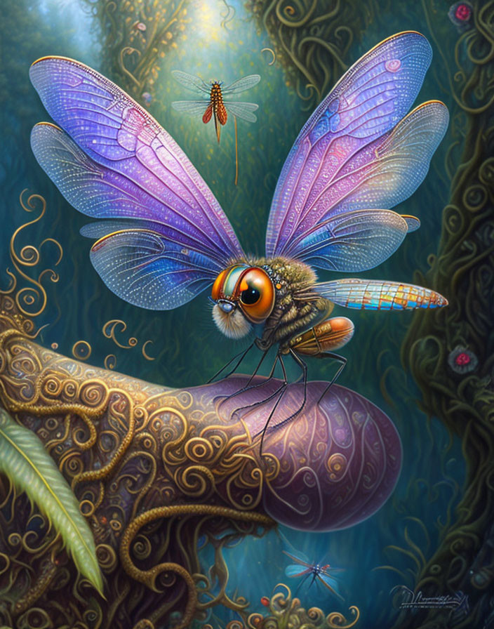 Detailed dragonfly illustration on ornate branch in magical forest