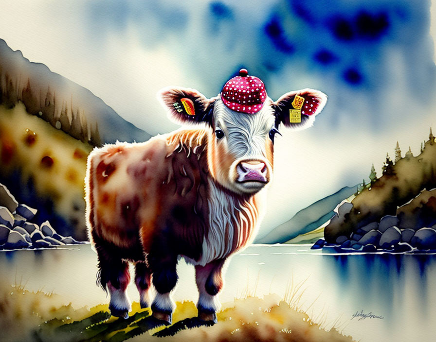 Colorful cow painting with whimsical ears and red hat in mountain landscape