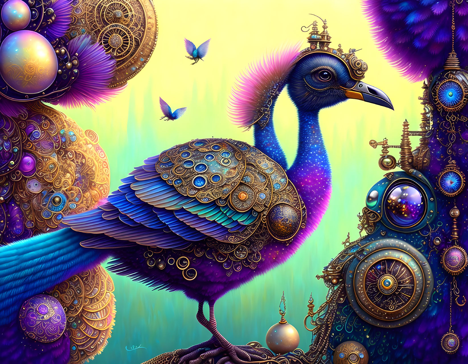 Colorful steampunk peacock in dreamy gear-filled setting with butterflies.