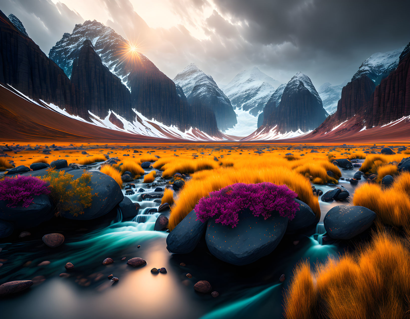 Serene blue river in vivid landscape with snow-capped mountains