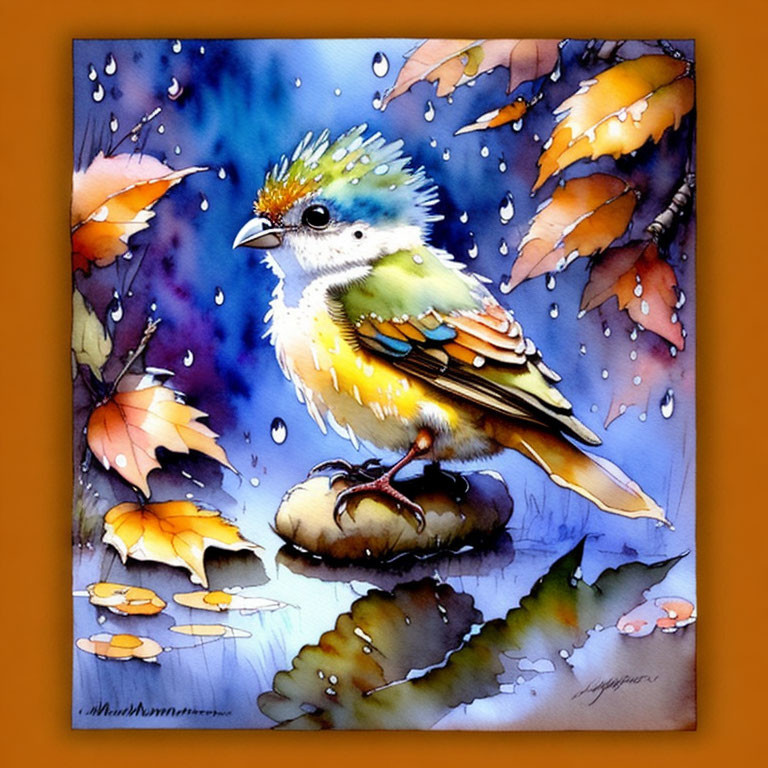 Stylized bird with crown-like feather tuft in autumn rain scene