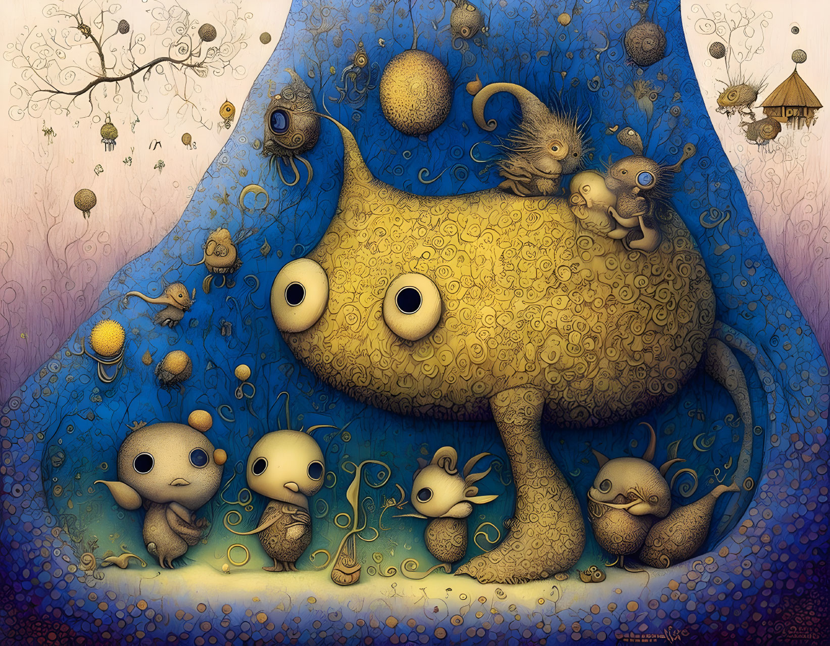 Whimsical surreal creatures in round bodies with large eyes