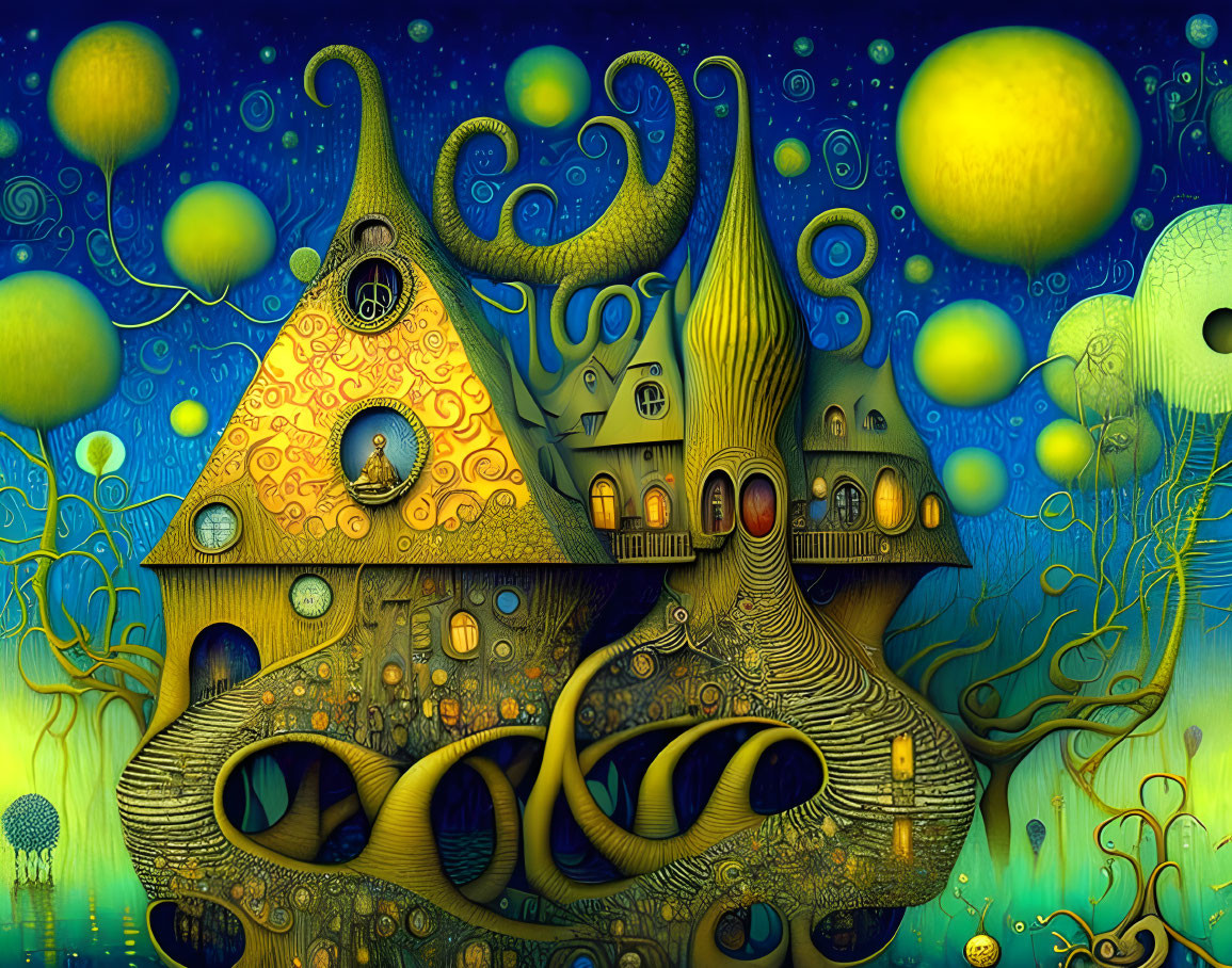 Colorful illustration: Floating house with glowing orbs in enchanted forest