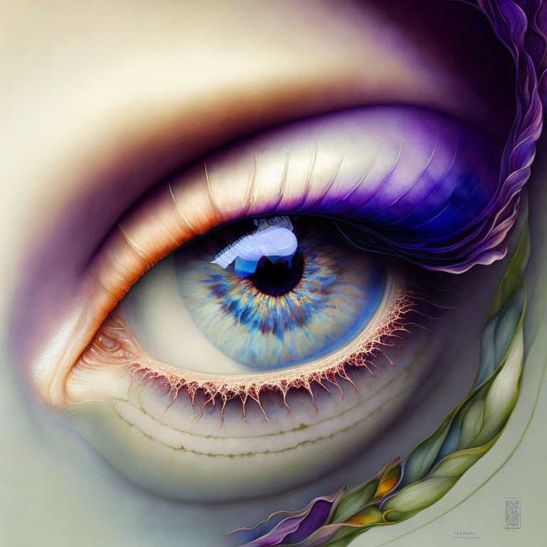 Detailed Close-Up of Vibrant Blue Human Eye with Purple Floral Motif