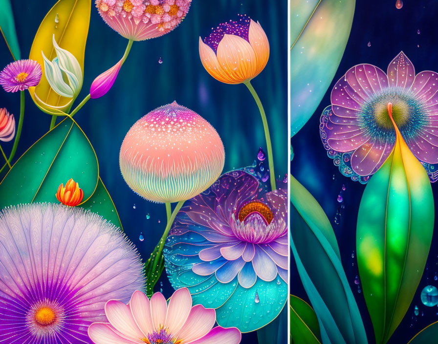 Fantasy-inspired luminescent flowers and mushrooms on dark blue background