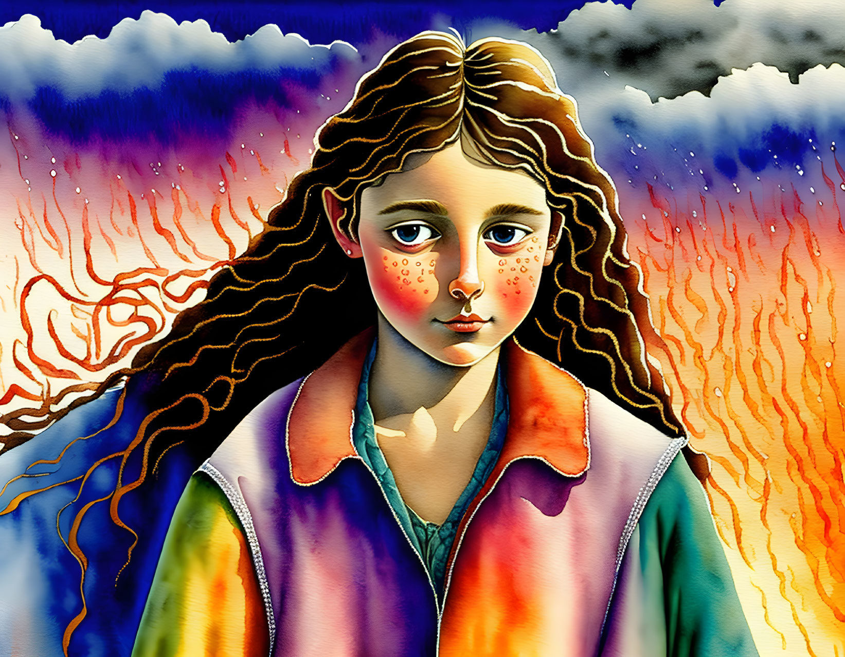 Illustrated girl with wavy hair and freckles in colorful jacket against fiery sky backdrop