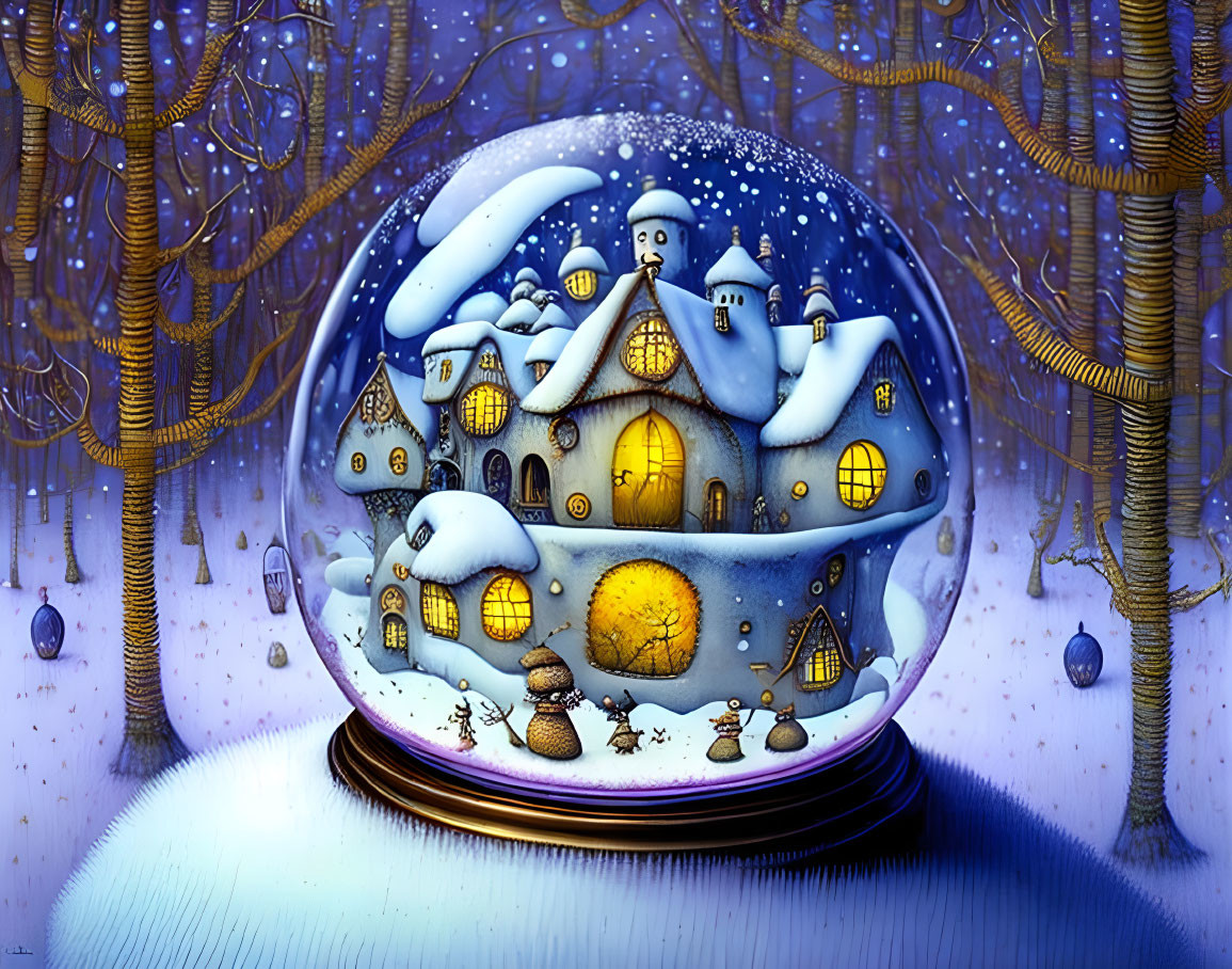 Snow Globe Illustration: Snowy Village & Forest Scene