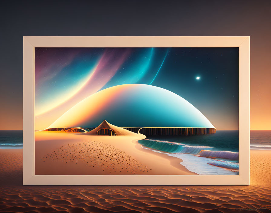 Surreal landscape with aurora sky, futuristic building, desert beach.