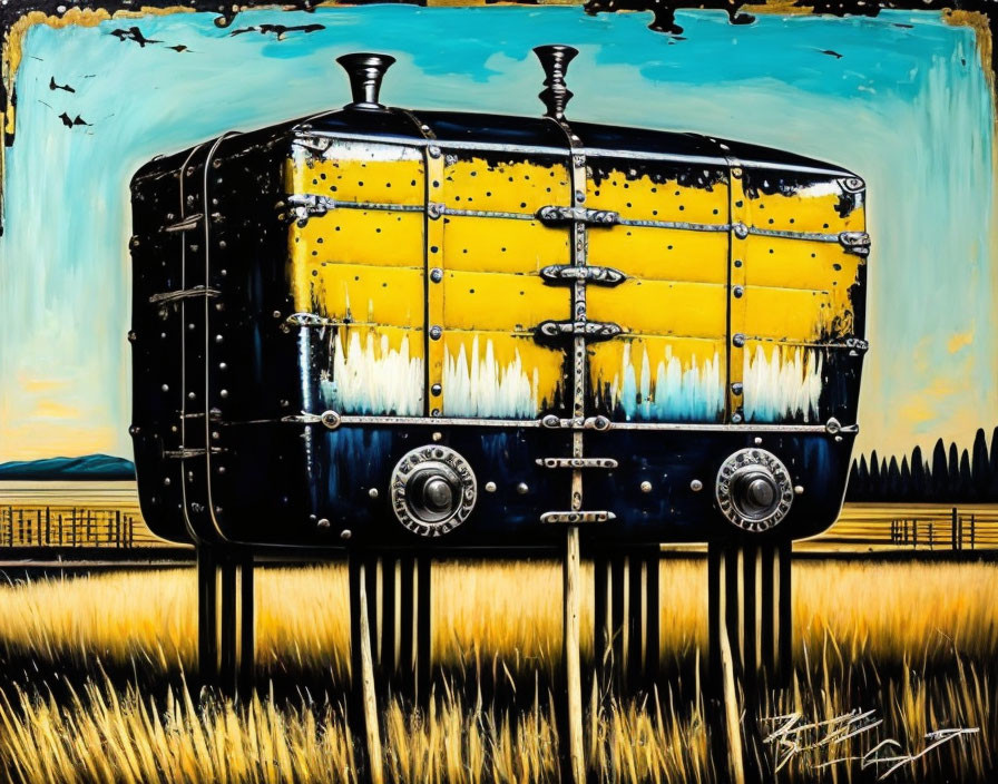 Surreal vintage radio building on stilts in golden field - blue and yellow palette