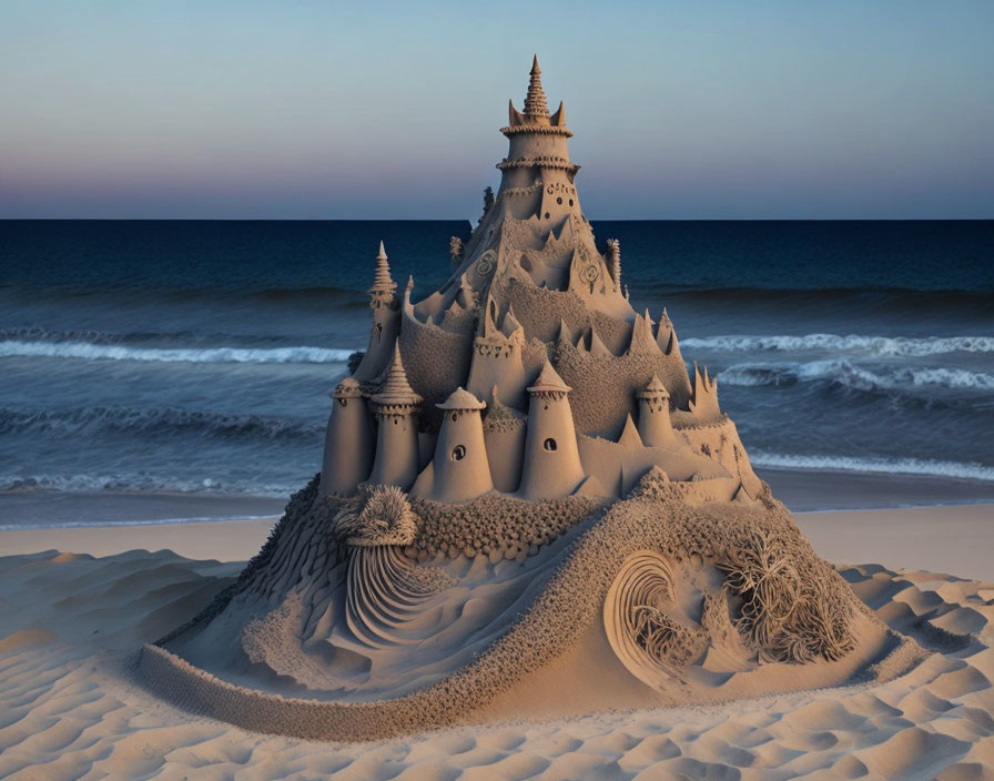 Elaborate Sandcastle with Turrets and Swirling Sand Patterns at Dusk