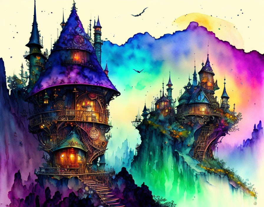 Fantastical castle illustration at sunset with towers and birds