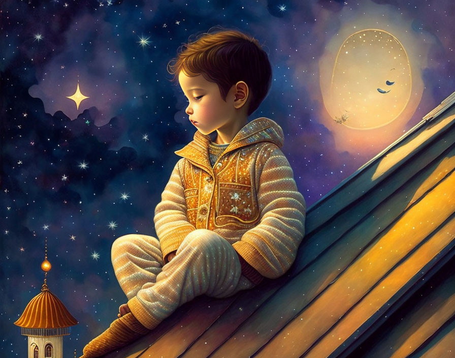 Child on Slanted Roof Gazes at Starry Sky with Crescent Moon and Tower