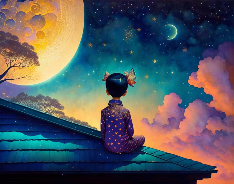 Child with butterfly wings gazes at moons and stars on roof