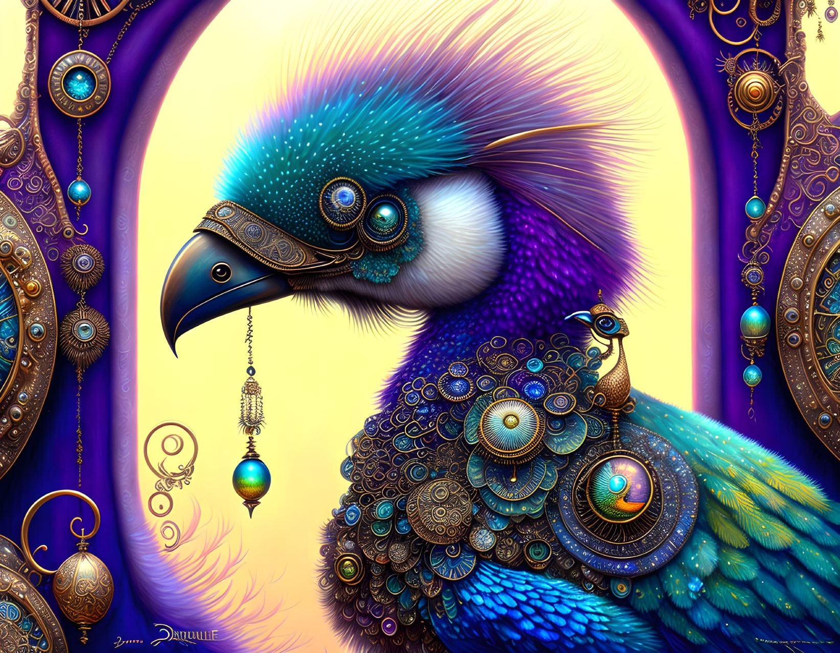 Colorful digital artwork: Stylized peacock with gold and jewel-toned details against purple arch