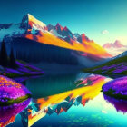 Scenic digital landscape with purple wildflowers, serene lake, and snow-capped mountains at sunrise