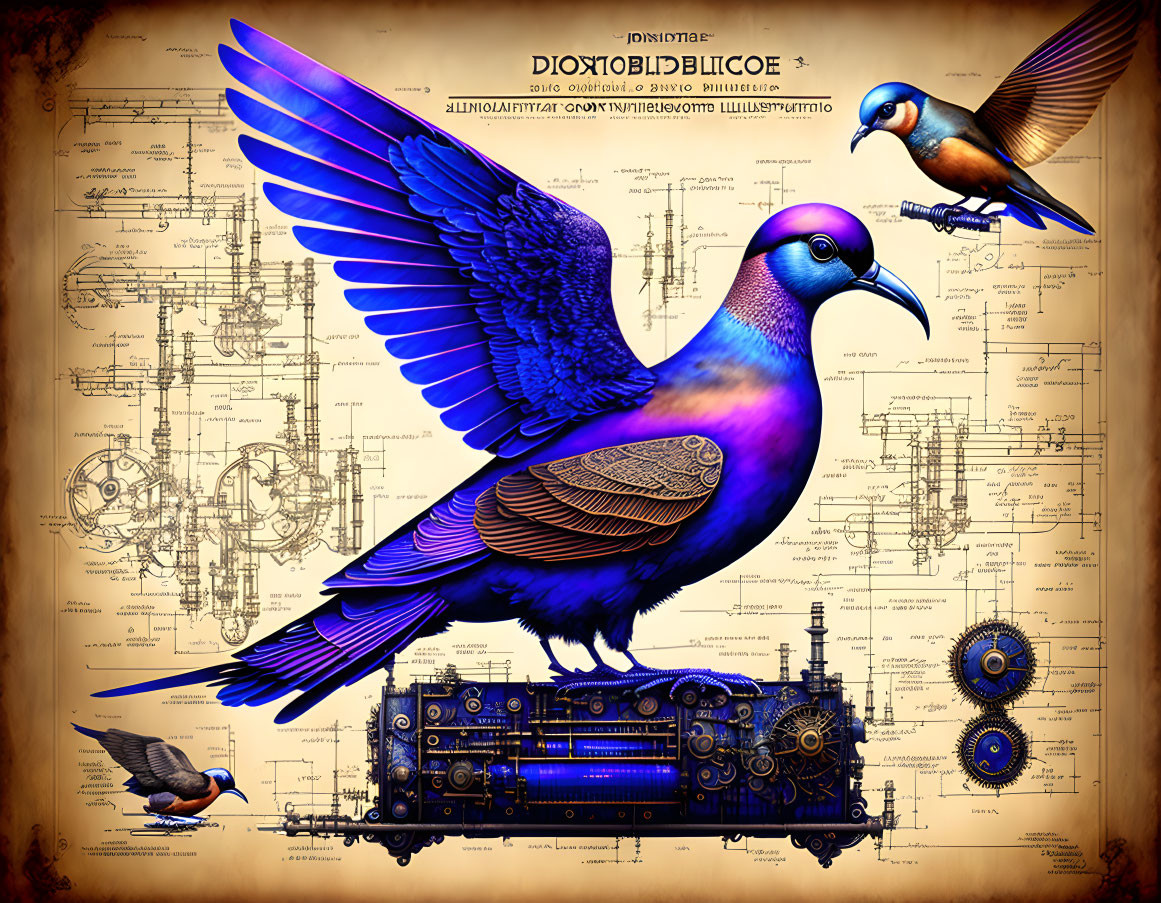 Colorful mechanical bird perched on gears with schematic drawings in background