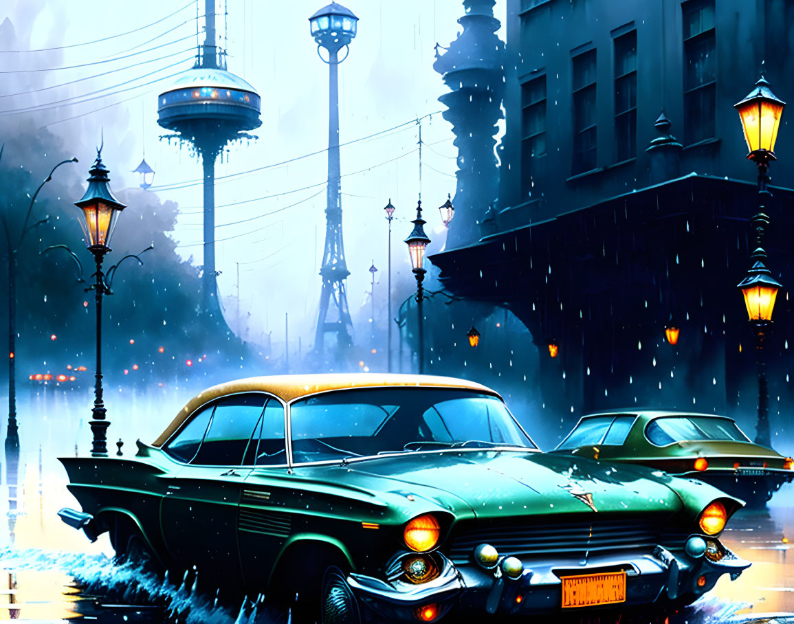 Classic car in rainy neon-lit city with retro futuristic buildings