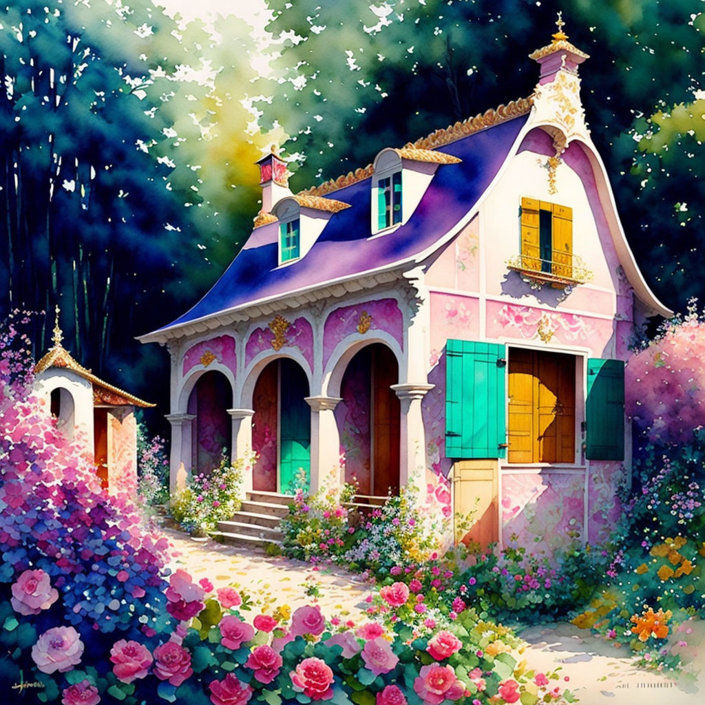 Whimsical pink cottage surrounded by lush flowers at night