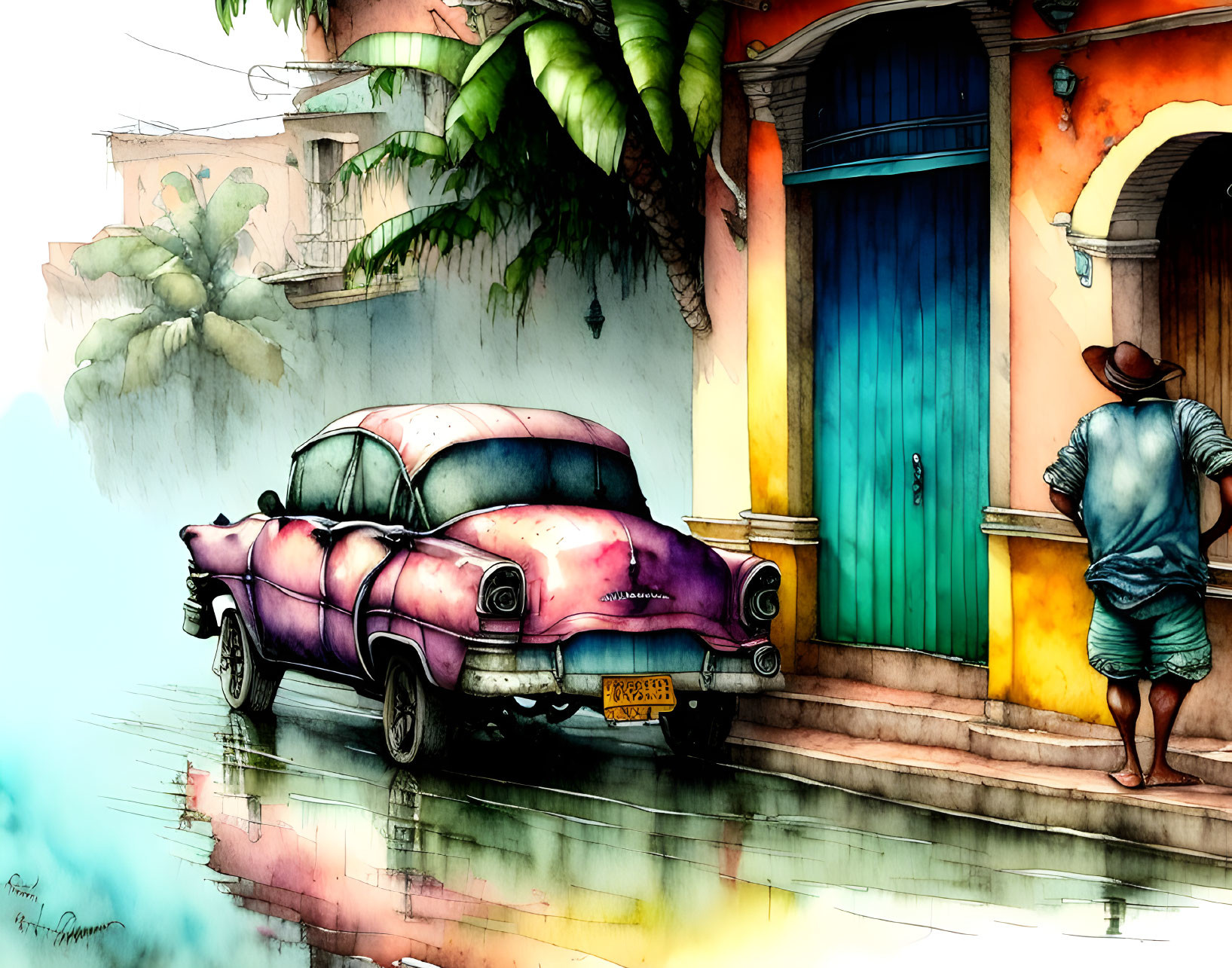 Vibrant vintage car illustration with person and building