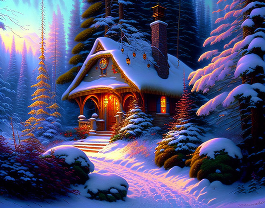 Cozy cottage nestled in snowy forest under twilight sky