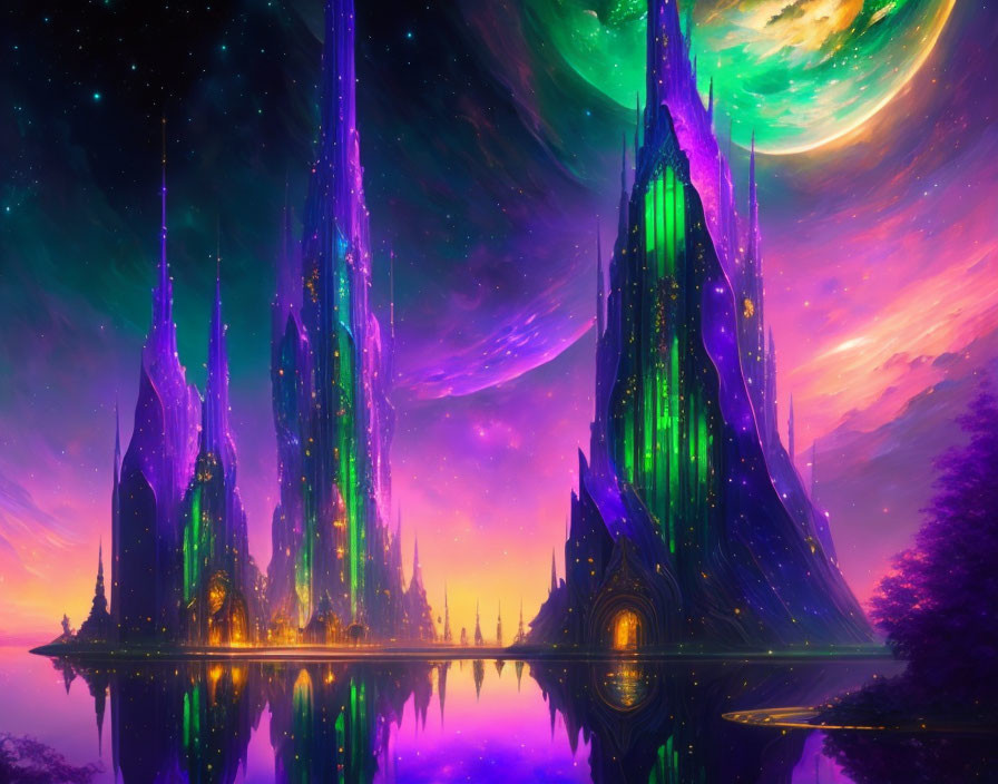 Fantastical landscape with purple and green crystalline spires under starry sky