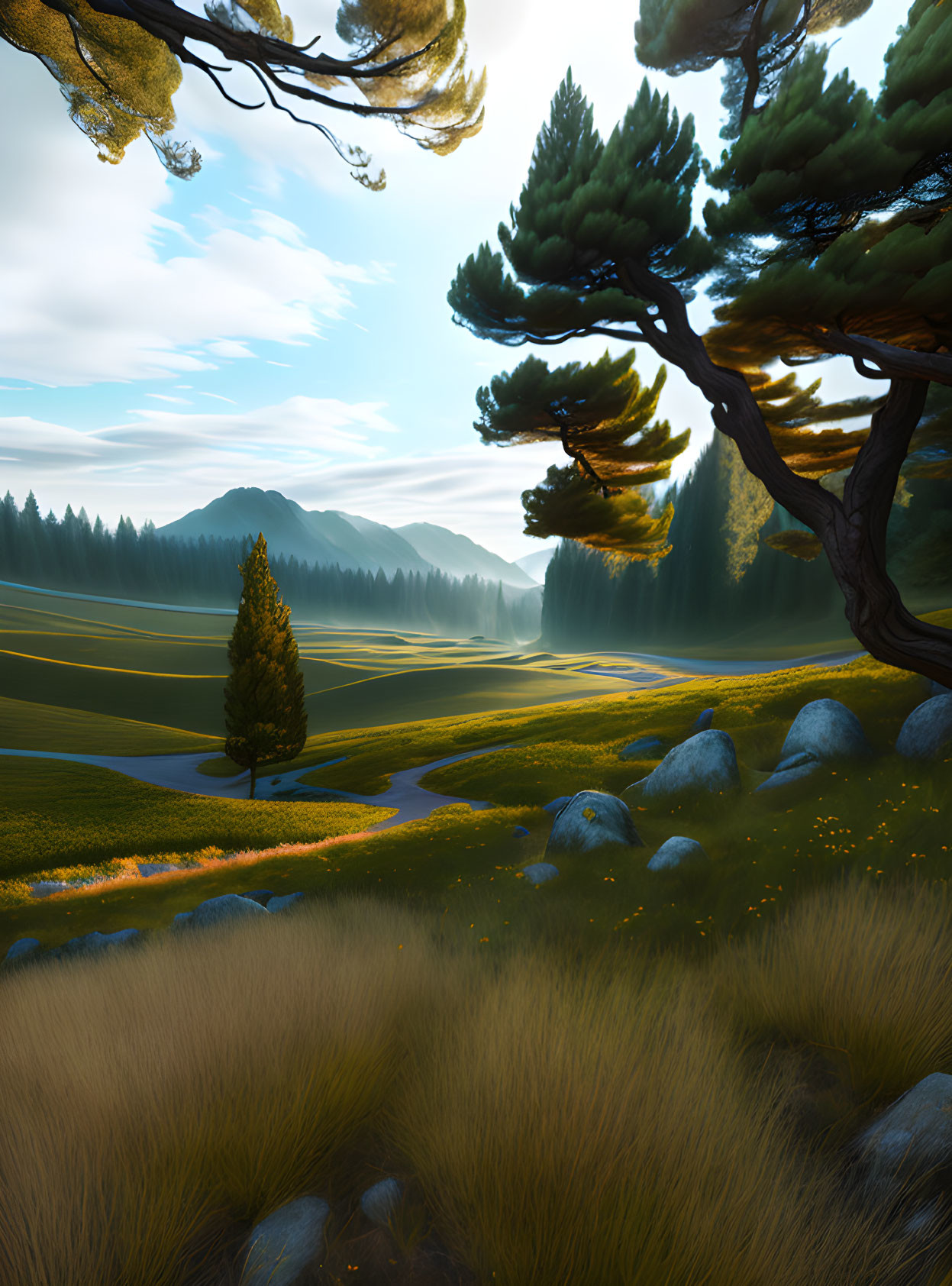 Tranquil landscape with green fields, rocks, pine trees, and clear sky