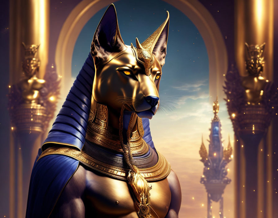 Ancient Egyptian gold and blue headdress on Anubis-like figure