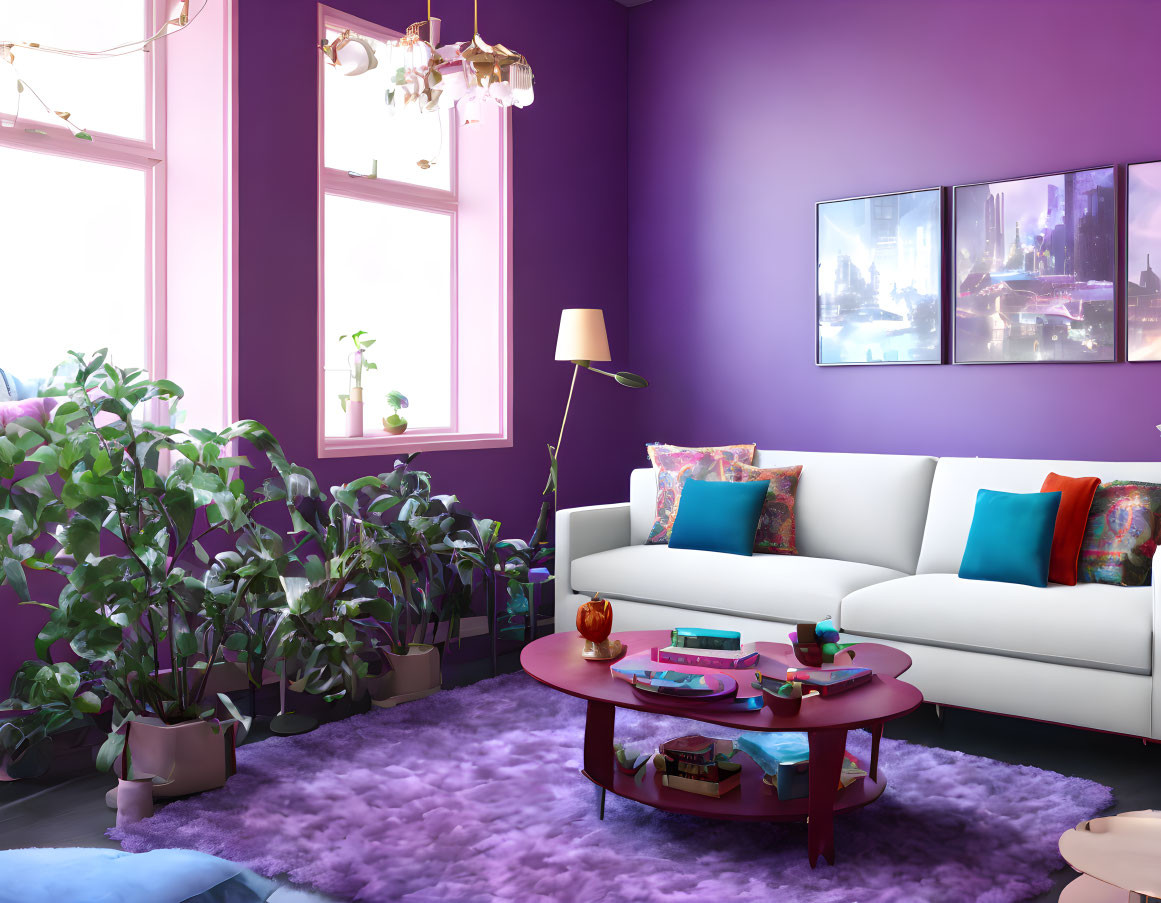 Colorful Living Room with Purple Walls, White Sofa, and Pink Decor