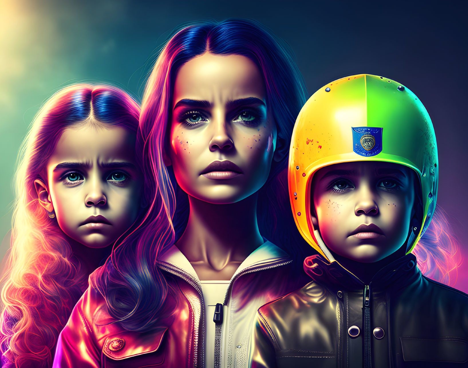 Three stylized characters with intense expressions: young girl in pink light, woman in blue light, child