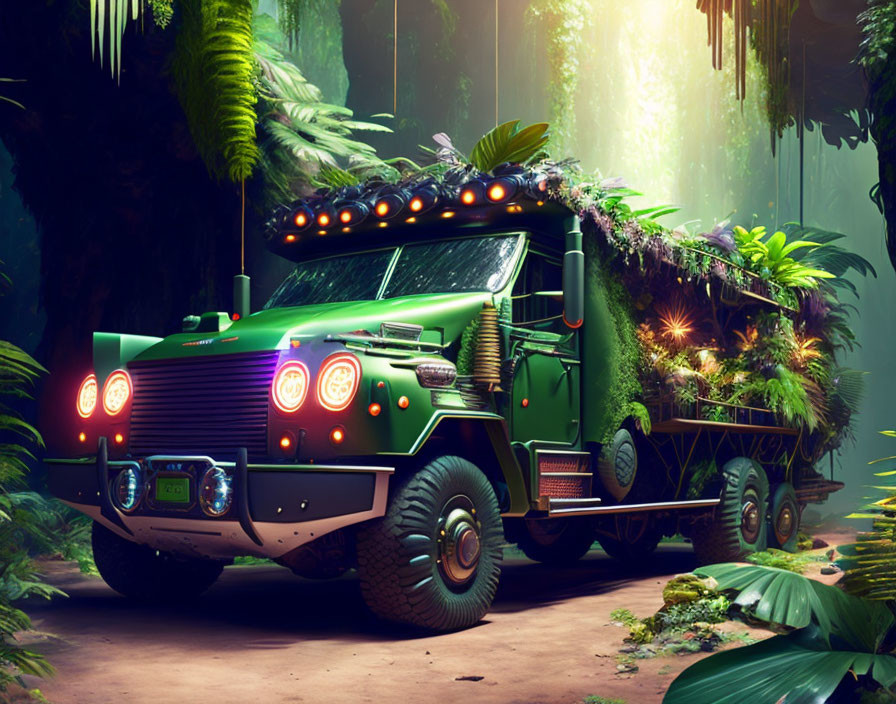 Armored vehicle covered in plants in lush jungle with sunlight shafts