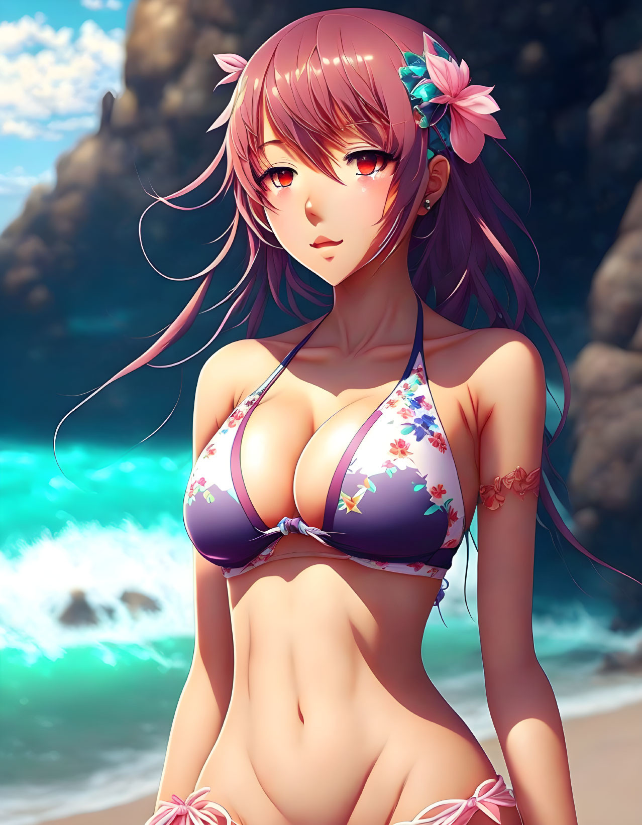 Anime-style girl in floral bikini with pink hair on beach near rocks.