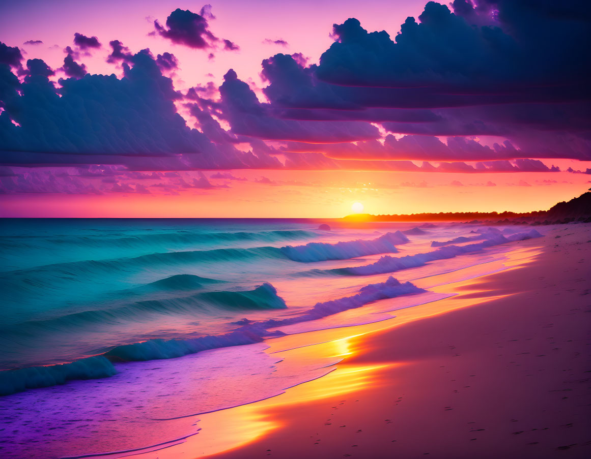 Scenic Beach Sunset with Purple and Pink Hues
