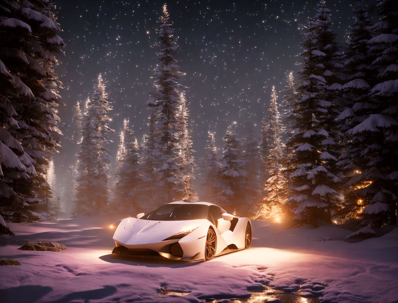 White sports car in snowy forest at twilight with illuminated trees and twinkling stars